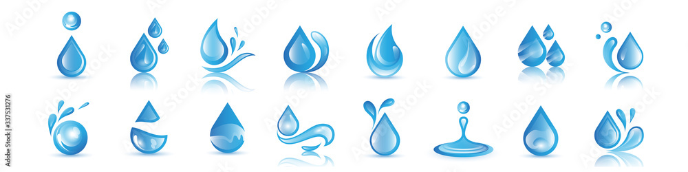 Water Splash Vector And Drop Set - Isolated On White. Vector Collection Of Flat Water Splash and Drop Logo. Icons For Droplet, Water Wave, Rain, Raindrop, Company Logo And Bubble Design Water Splash Vector And Drop Set - Isolated On White. Vector Collection Of Flat Water Splash and Drop Logo. Icons For Droplet, Water Wave, Rain, Raindrop, Company Logo And Bubble Design