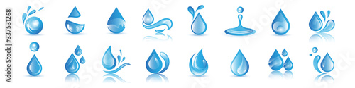 Water Splash Vector And Drop Set - Isolated On White. Vector Collection Of Flat Water Splash and Drop Logo. Icons For Droplet, Water Wave, Rain, Raindrop, Company Logo And Bubble Design
