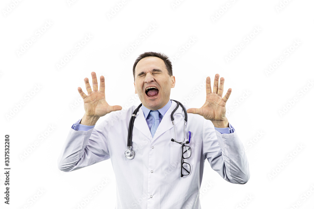 Middle-aged handsome doctor in white coat and stethoscope crazy and mad shouting and yelling with aggressive expression and arms raised. Frustration concept, isolated white background Middle-aged handsome doctor in white coat and stethoscope crazy and mad shouting and yelling with aggressive expression and arms raised. Frustration concept, isolated white background