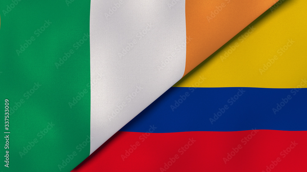 Obraz premium The flags of Ireland and Colombia. News, reportage, business background. 3d illustration