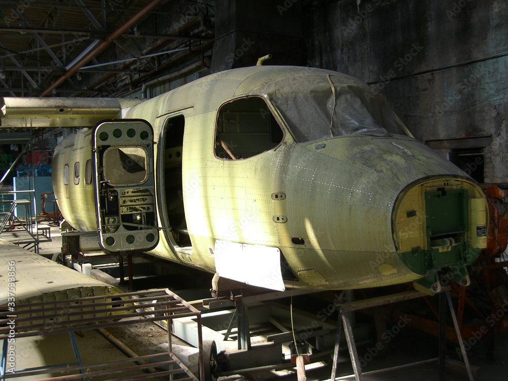 unfinished fuselage aircraft body at the factory Assembly of parts for the aviation industry unfinished fuselage aircraft body at the factory Assembly of parts for the aviation industry