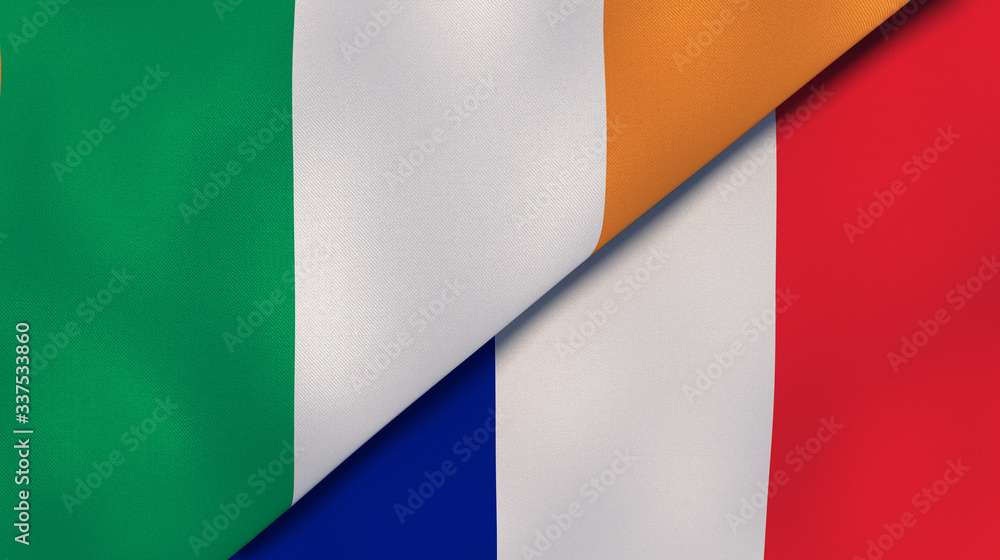 The flags of Ireland and France. News, reportage, business background. 3d illustration
