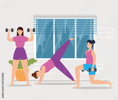 group of women home workout vector illustration design