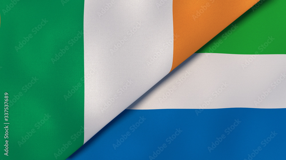 Obraz premium The flags of Ireland and Sierra Leone. News, reportage, business background. 3d illustration