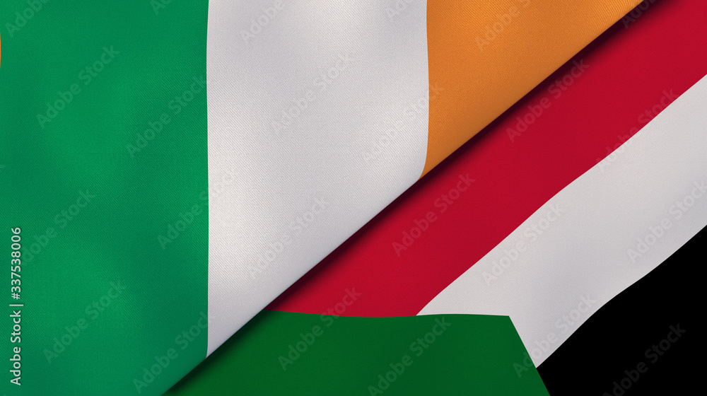 The flags of Ireland and Sudan. News, reportage, business background. 3d illustration