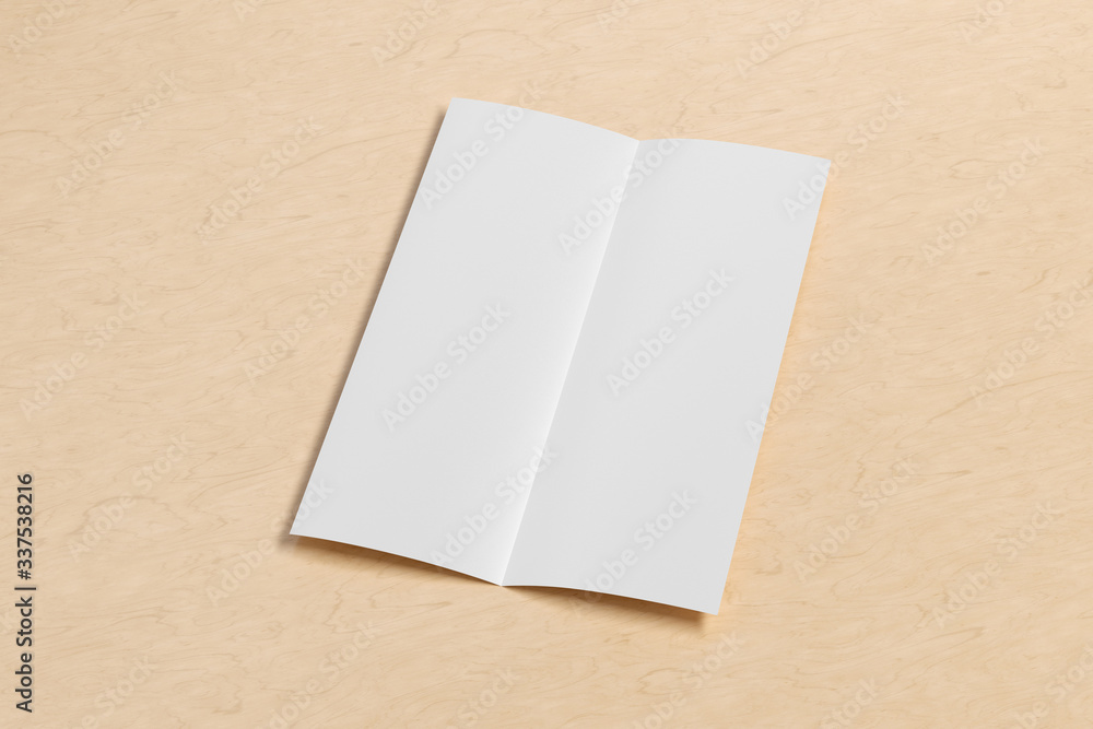 Blank vertical A4 leaflet on wooden background. Bi-fold or half-fold opened brochure isolated with clipping path. Side view. 3d illustration Blank vertical A4 leaflet on wooden background. Bi-fold or half-fold opened brochure isolated with clipping path. Side view. 3d illustration