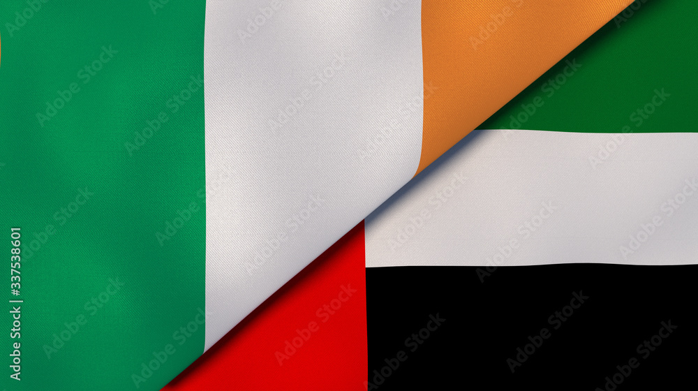 The flags of Ireland and United Arab Emirates. News, reportage, business background. 3d illustration