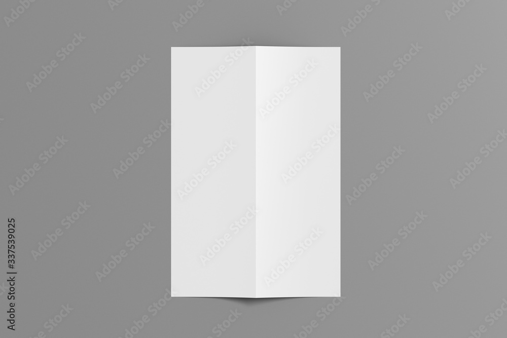 Blank vertical A4 leaflet cover on gray background. Bi-fold or half-fold opened brochure isolated with clipping path. View directly above. 3d illustration Blank vertical A4 leaflet cover on gray background. Bi-fold or half-fold opened brochure isolated with clipping path. View directly above. 3d illustration