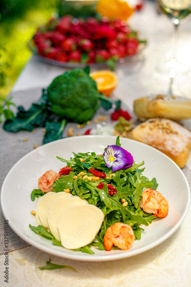fresh salad with dried meat greens and vegetables on the table, healthy food fresh salad with dried meat greens and vegetables on the table, healthy food
