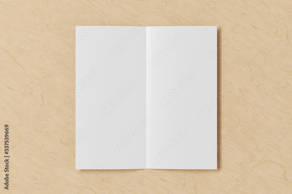 Blank square leaflet on wooden background. Bi-fold or half-fold opened brochure isolated with clipping path. View directly above. 3d illustration Blank square leaflet on wooden background. Bi-fold or half-fold opened brochure isolated with clipping path. View directly above. 3d illustration