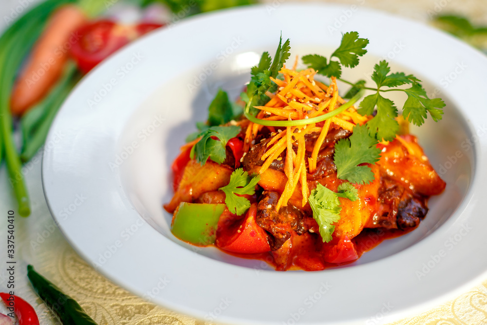 fresh vegetarian salad with greens and vegetables on the table, healthy food fresh vegetarian salad with greens and vegetables on the table, healthy food