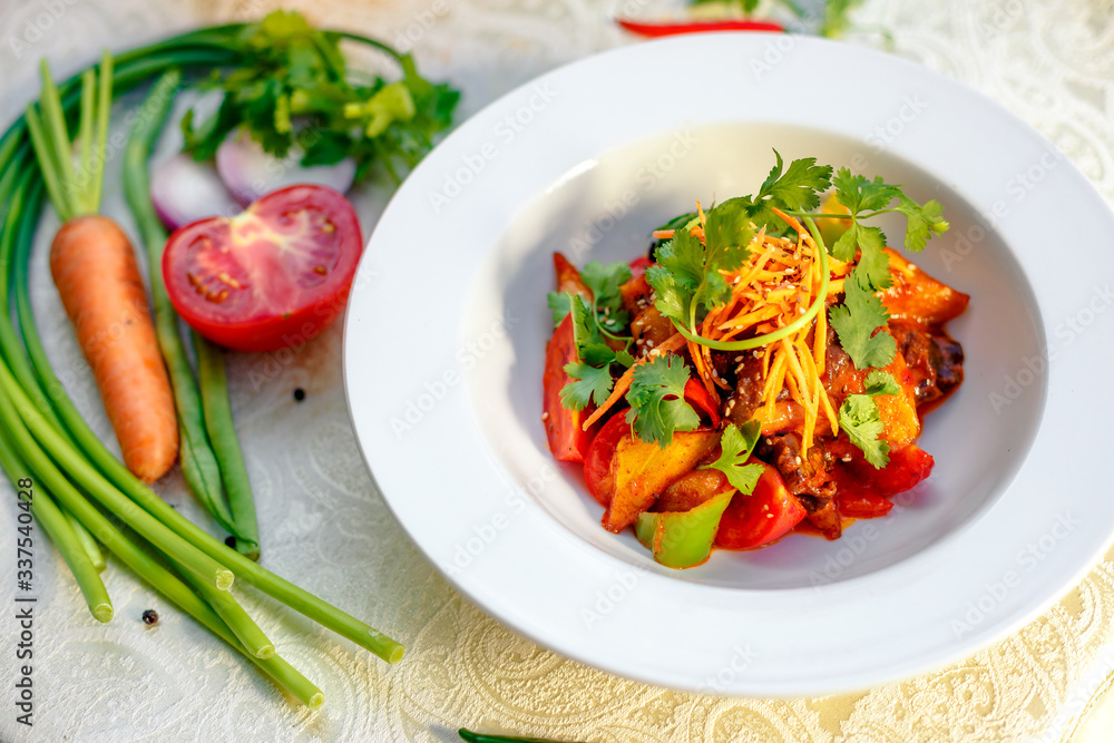 fresh vegetarian salad with greens and vegetables on the table, healthy food fresh vegetarian salad with greens and vegetables on the table, healthy food