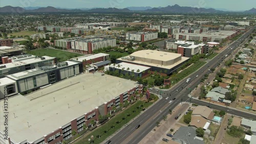 Aerial: Grand Canyon University, a christian university in Phoenix, Arizona, USA. 15 April 2020 photo