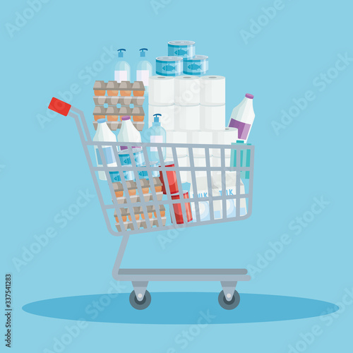 cart shopping with excess groceries vector illustration design