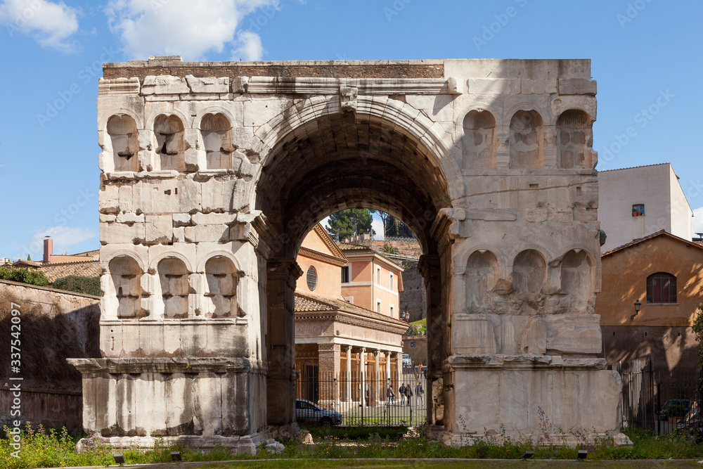 The Arch of Janus. Quadrifrons triumphal arch preserved in Rome, Italy