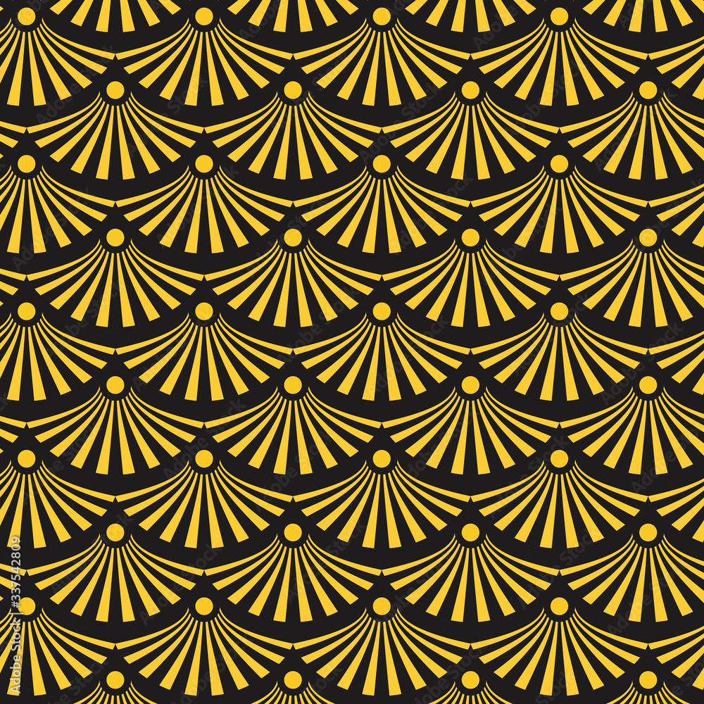 Golden Art deco style fan with circle Seamless Pattern Retro Background Vector