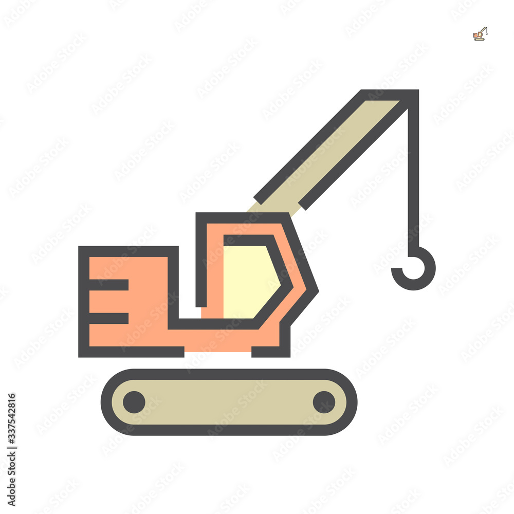 Crawler crane or derrick crane vector icon. Machinery equipment or vehicle with lattice boom, track wheel and hook for work in building construction site to lift, transport heavy load. 64x64 pixel. Crawler crane or derrick crane vector icon. Machinery equipment or vehicle with lattice boom, track wheel and hook for work in building construction site to lift, transport heavy load. 64x64 pixel.