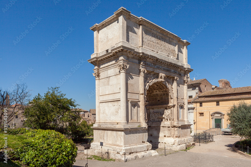 The Arch of Titus (Arco di Tito, Arcus Titi). Honorific arch, located on the Via Sacra, Rome. Italy