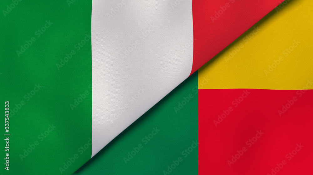 The flags of Italy and Benin. News, reportage, business background. 3d illustration
