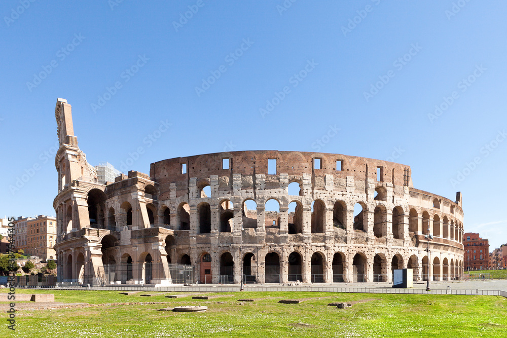 Colosseum or Coliseum (Flavian Amphitheatre or Amphitheatrum Flavium also Anfiteatro Flavio or Colosseo. Oval amphitheatre in Rome, Italy