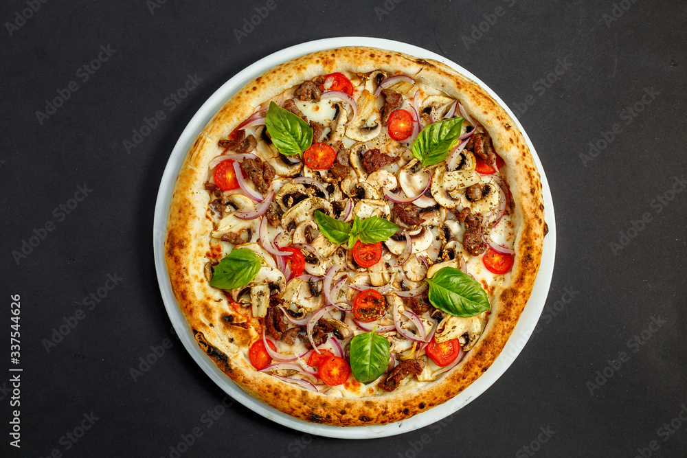 hot italian pizza with cheese and basil, isolated hot italian pizza with cheese and basil, isolated