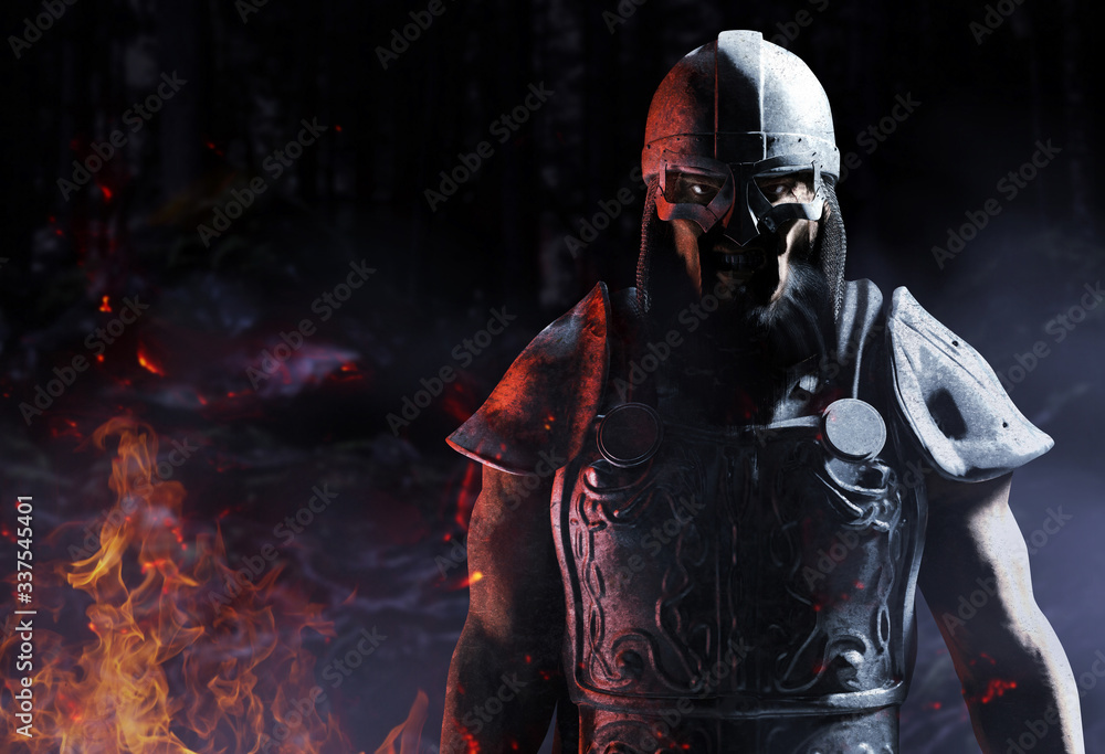 Naklejka premium 3d render of viking warrior standing in woods.