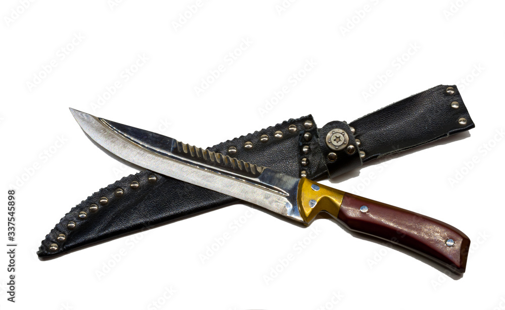 Old knife and scabbard on a white background. Old knife and scabbard on a white background.