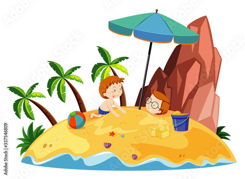 Ocean scene with boys playing with sand on the island