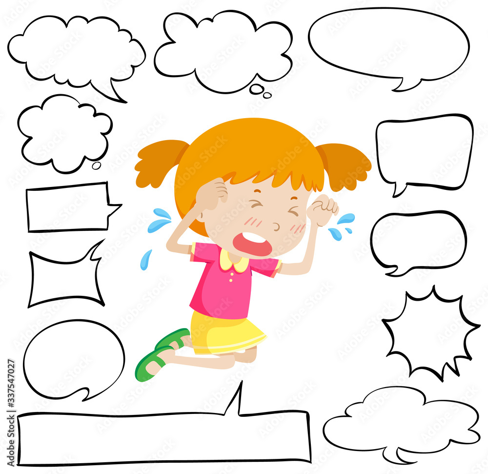 Different shapes of speech bubbles and crying girl Different shapes of speech bubbles and crying girl