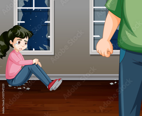Violence scene with crying girl and angry man at home
