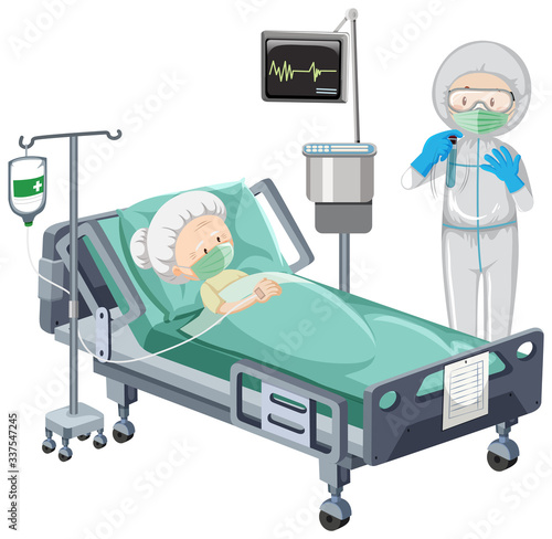 Hospital scene with sick patient in bed on white background