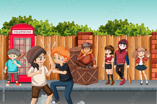Domestic violence scene with people fighting on the street