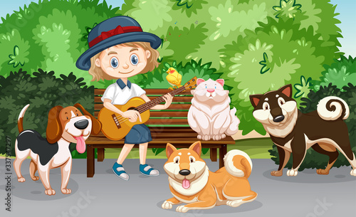 Scene with cute girl playing guitar and many pets in the park © blueringmedia