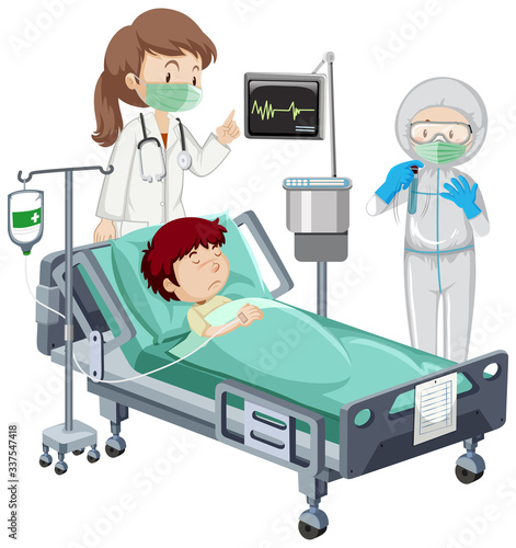 Coronavirus theme with sick boy on hospital bed