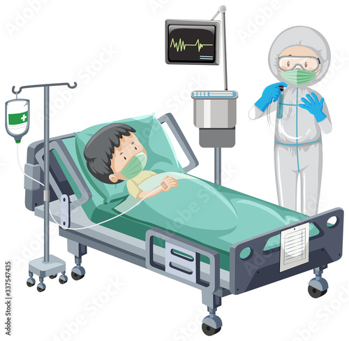 Hospital scene with sick patient in bed on white background
