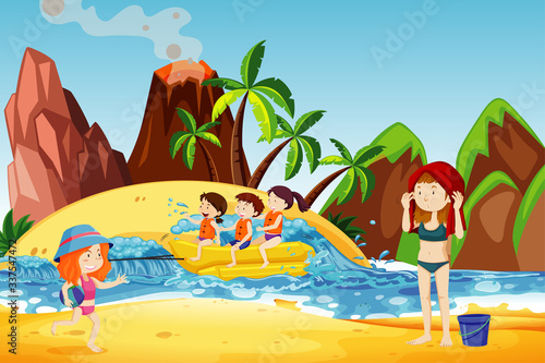 Ocean scene with happy kids playing on rubber boat