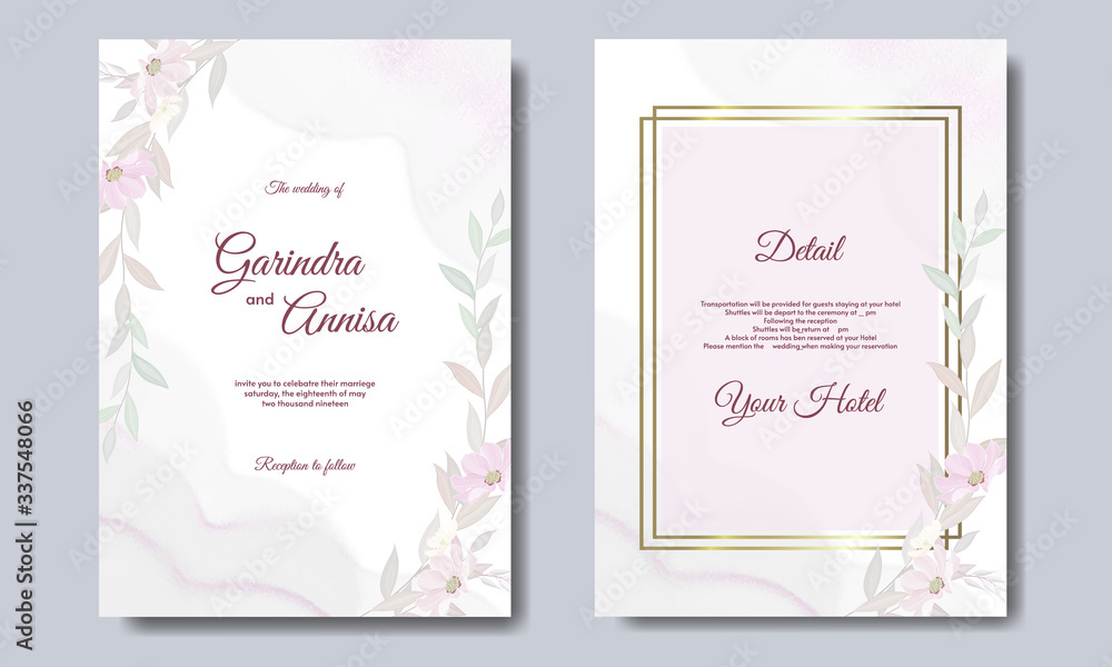Elegant wedding invitation card template design with golden frame and leaves Premium Vector