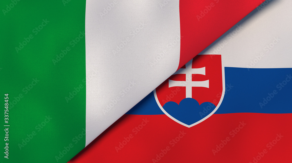 The flags of Italy and Slovakia. News, reportage, business background. 3d illustration