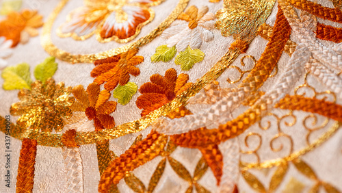 Photography Macro close up on Japan traditional clothing kimono with beautiful embroidered p