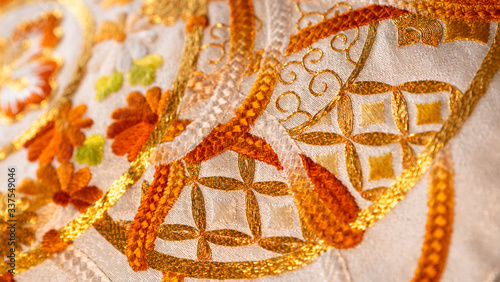 Bild auf Leinwand Macro close up on Japan traditional clothing kimono with beautiful embroidered p