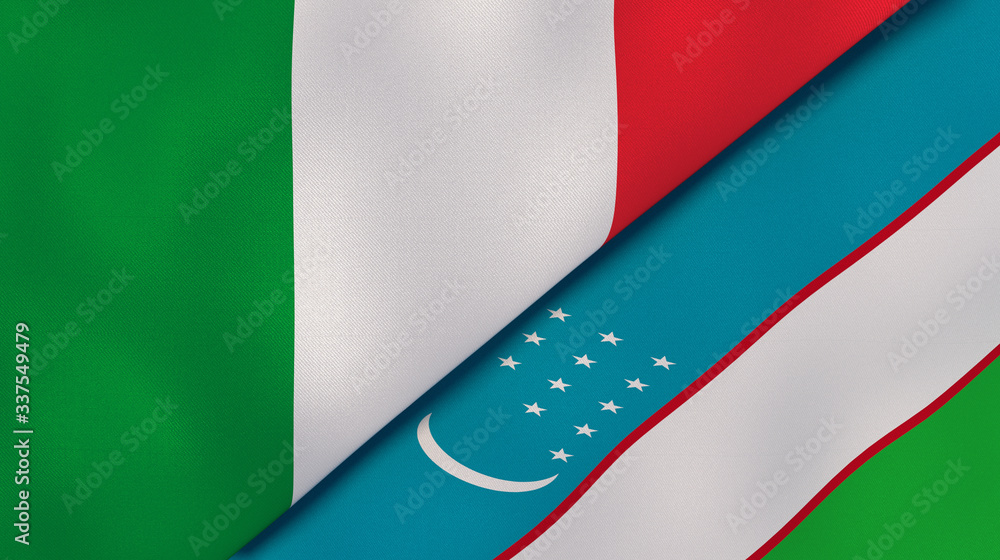 The flags of Italy and Uzbekistan. News, reportage, business background. 3d illustration