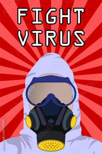 Illustration vector graphic of fight covid-19 corona virus concept. Illustration of a medical staff wearing hazmat suits fighting with covid-19 corona virus o red and pink sunburst pattern background.
