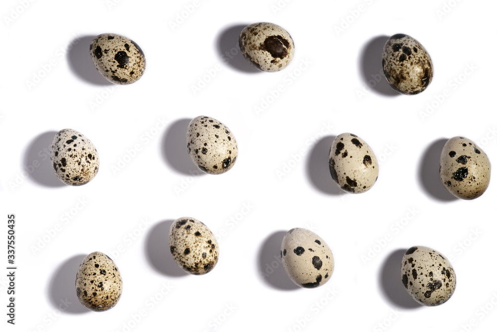 Creative quail egg layout on white background. Quail eggs pattern. Happy easter concept. Minimal design. Copy space, flat lay, from above Creative quail egg layout on white background. Quail eggs pattern. Happy easter concept. Minimal design. Copy space, flat lay, from above
