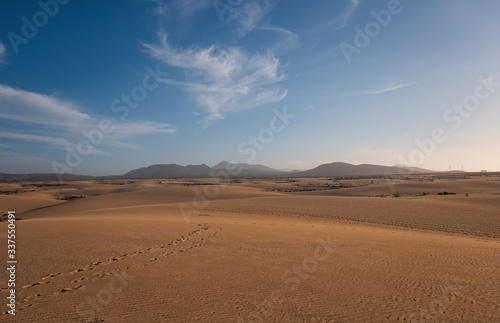 Ripples on sand dune near Corralejo with volcano mountains in the background, Fuerteventura, Canary Islands, Spain. October 2019