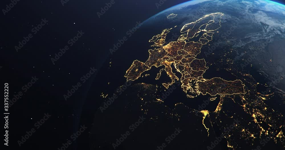 Planet Earth from Space EU European Countries highlighted, state borders and counties animation, city lights, 3d illustration, elements of this image courtesy of NASA