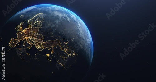 Planet Earth from Space EU European Countries highlighted, state borders and counties animation, city lights, 3d illustration, elements of this image courtesy of NASA