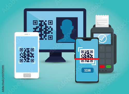 qr code inside smartphones dataphone and computer design of technology scan information business price communication barcode digital and data theme Vector illustration
