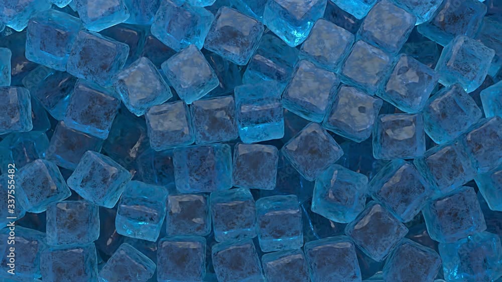 Pieces of crushed cubes isolated ice on a blue background fall down. Irregular shape with reflection. Close the ice cube. 3D rendering animation. Pieces of crushed cubes isolated ice on a blue background fall down. Irregular shape with reflection. Close the ice cube. 3D rendering animation.