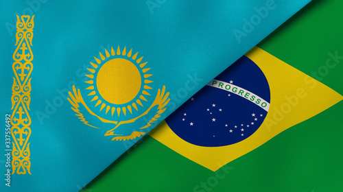 The flags of Kazakhstan and Brazil. News, reportage, business background. 3d illustration