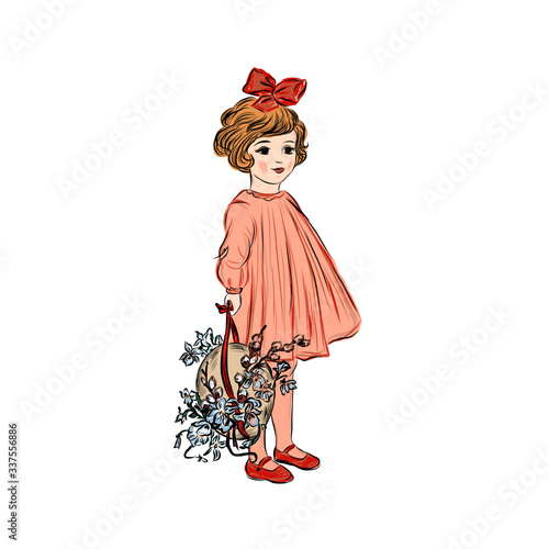 Easter composition. Vintage girl with easter eggs and flowers. Cute child in dress. Clip art. Spring religious holiday. Hand drawn retro clip art.